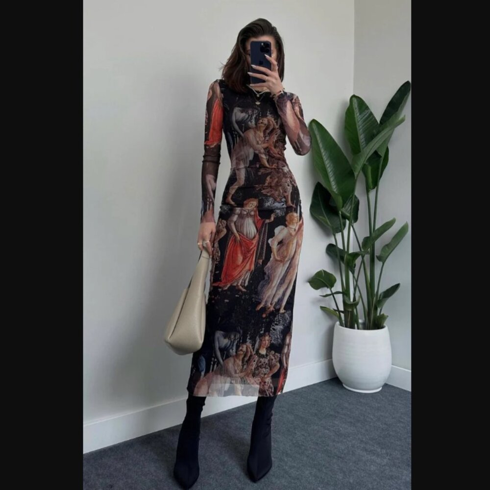 NJJ Botticelli Primavera Print Long Sleeve Mesh Maxi Dress L NWT - Picture 3 of 7